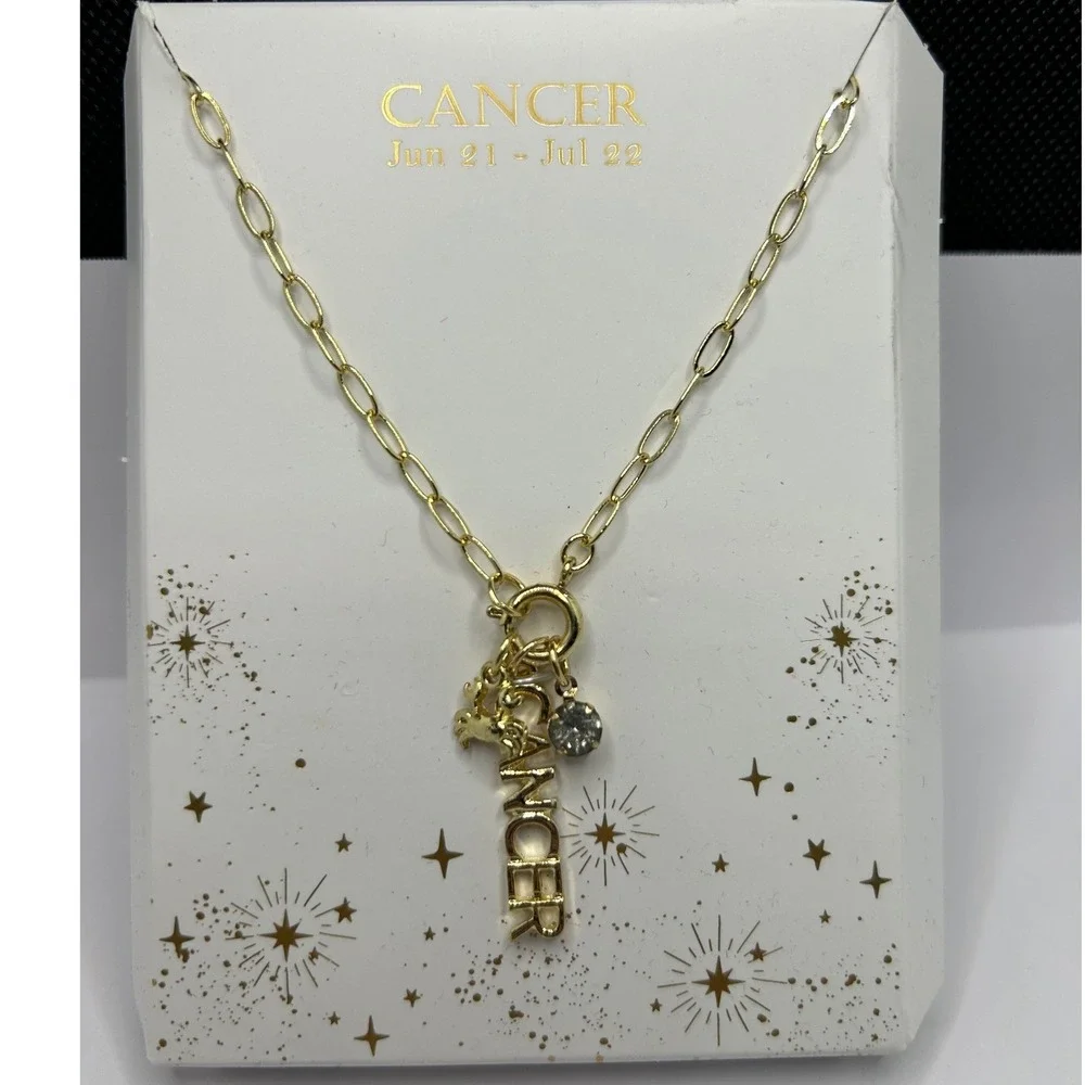 Zodiac Cancer Necklace‎ Goldtone Paperclip Link Chain Astrology Charm Pendant